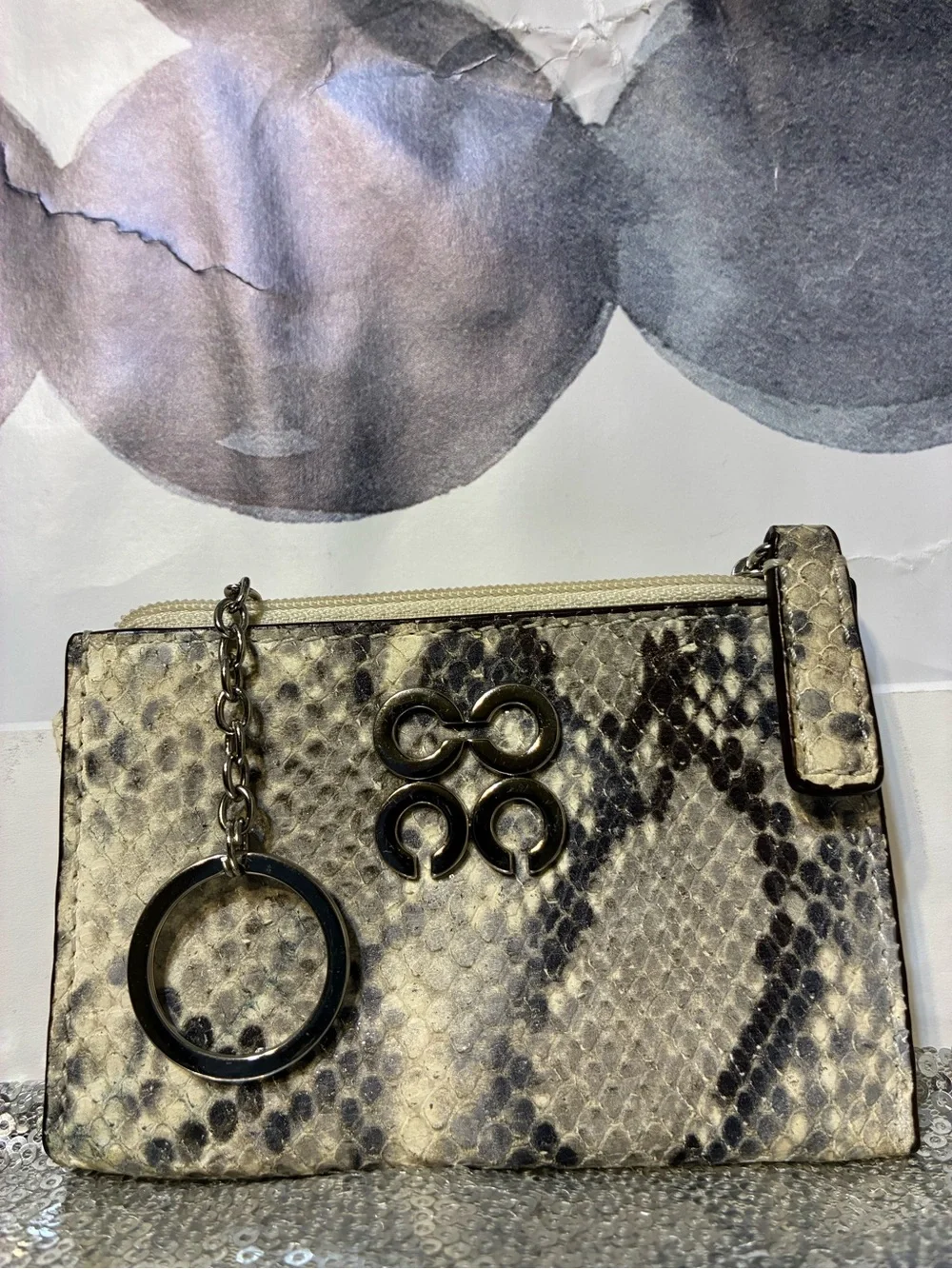 Coach Python Embossed Leather coin purse Beige and Black keychain - Picture 4 of 4
